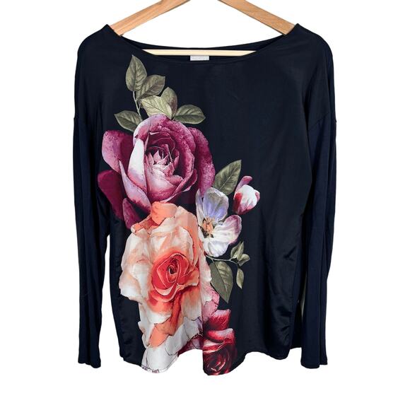 Chico's Top Women Size Small Navy Blue Scoopneck Floral Print Lightweight Comfy - Picture 1 of 9